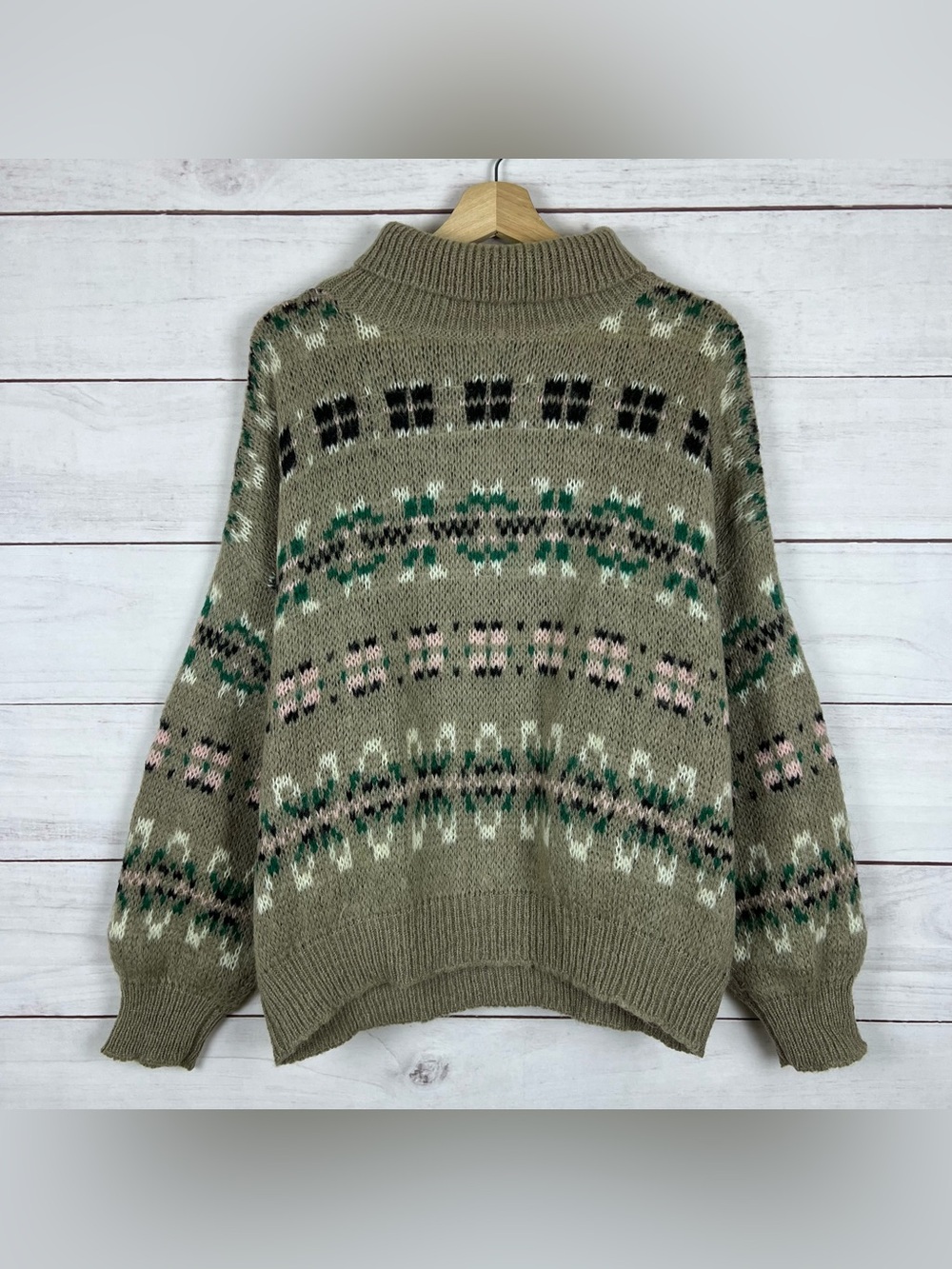 Vintage United Colors Of Benetton Sweater Womens Tan Fair Isle 2XL Mohair Wool
